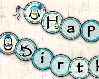 Toddler Boy Penguins Birthday party theme - Winter Birthday Party - DIY Happy Birthday Banner Printable - Instant Download