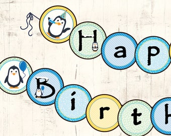 Penguins Birthday party theme - Winter Birthday Party - DIY Happy Birthday Banner Printable - Instant Download