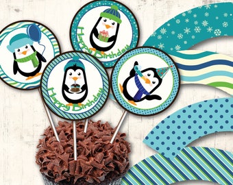 Toddler Boy Penguins Birthday party theme - Winter Birthday Party DIY Printable Cupcake Toppers and wrappers - Birthday Party Decration