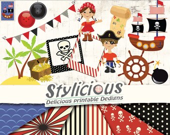 Pirates Clipart and Background - Digital Scrapbook Kit - Scrapbooking embellishment and papers - Party Printables - Instant Download