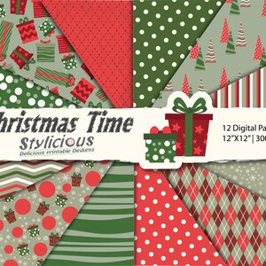 Christmas Time Paper Pack, Christmas backgrounds, Christmas digital scrapbook paper, Christmas green, red Patterns -Instant download