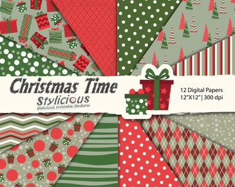 Christmas Time Paper Pack, Christmas backgrounds, Christmas digital scrapbook paper, Christmas green, red Patterns -Instant download