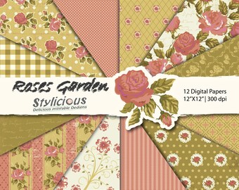 Roses Garden Instant Download Digital Paper -  Vintage Flower Scrapbook Paper pack -  Shabby Chic floral digital paper - 12pcs 300dpi