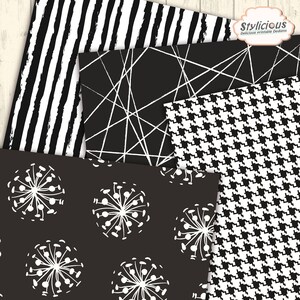 May include: A digital paper pack with four different black and white patterns. The patterns include stripes, a geometric design, a houndstooth pattern, and a pattern of white dandelions on a black background.