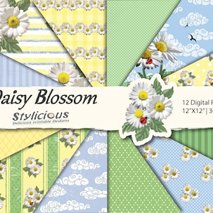 Daisy Blossom Digital Paper Pack - Camomile Flowers Printable Digital Papers - Daisies Scrapbooking paper set - Instant Download