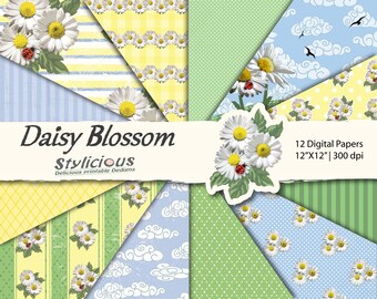 Daisy Blossom Digital Paper Pack - Camomile Flowers Printable Digital Papers - Daisies Scrapbooking paper set - Instant Download