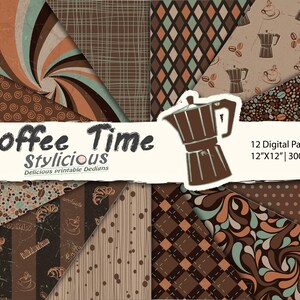 Puede incluir: Doce papeles digitales con temática de café. Los papeles presentan varios patrones, incluyendo remolinos, lunares y granos de café. El texto "Coffee Time Stylicious Delicious printable Designs" está en la parte superior de la imagen. El texto "12 Digital Papers 12"X12" | 300 dpi" está en la parte inferior de la imagen.