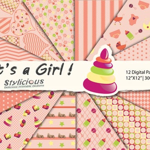 Menina - Chá de bebê - papel digital para bebê - Papel para impressão - Fundo padrão de álbum de recortes - Folhas de colagem digital - Download instantâneo