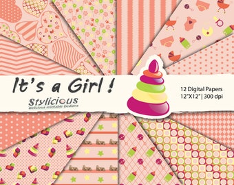 Baby Mädchen - Baby Shower - Digitales Papier - Druckbares Papier - Scrapbook Muster Hintergrund - Digitale Collage Sheets - Instant Download