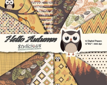 Hello Autumn Digital Paper Pack - Fall Leaves and Owls Printable Digital Paper Pack - Boho Chic Scrapbooking paper - Instant Download