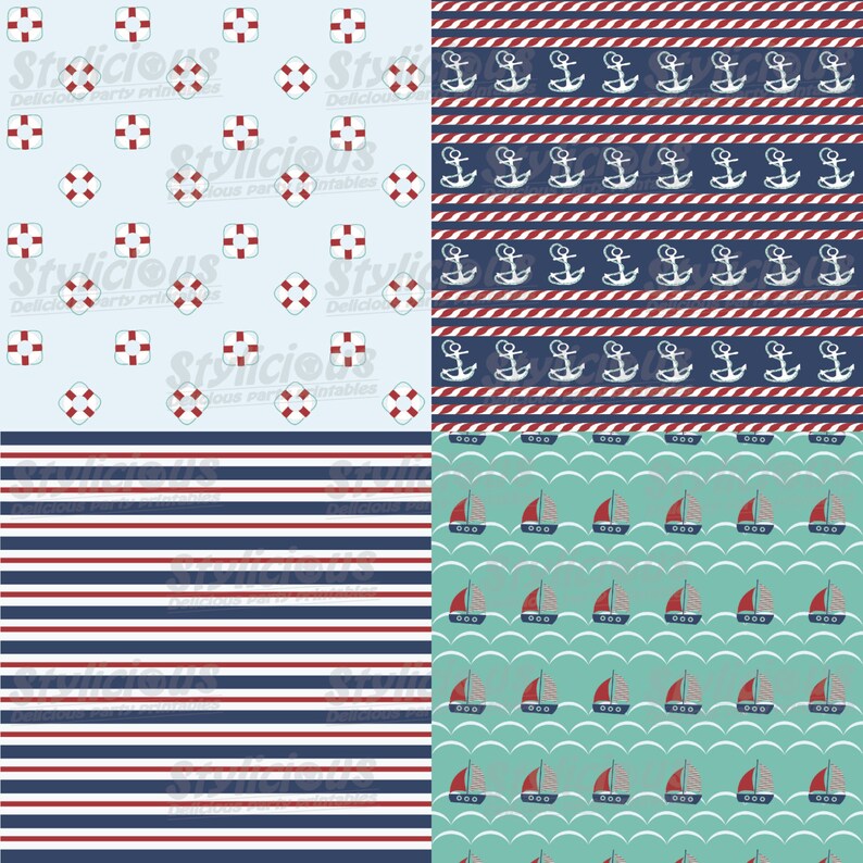 Nautical Pattern Digital Paper Pack - Printable Paper - Digital Collage ...