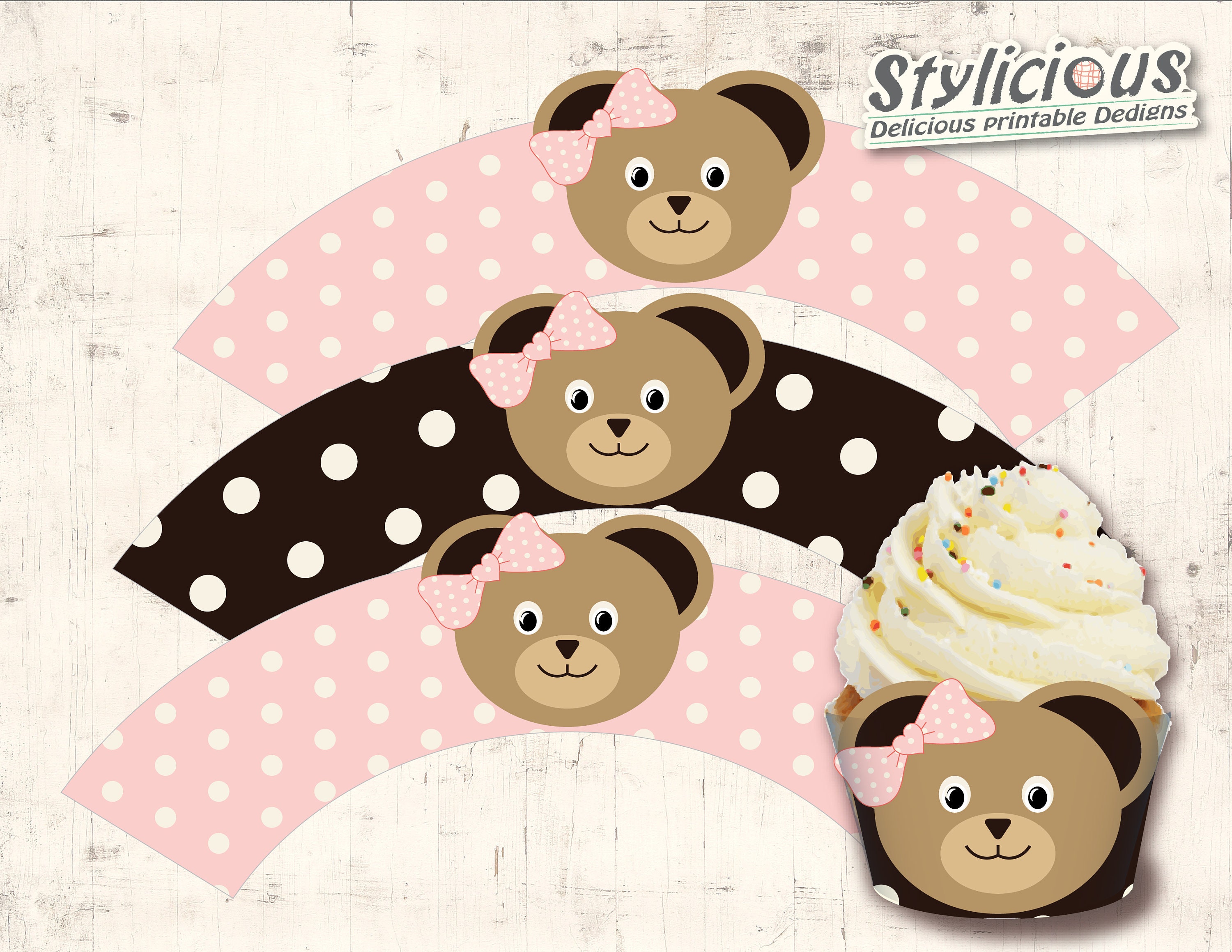 DIY Printable Cupcake Wrappers Teddy Bear Baby Shower Birthday Party Theme Toddler Girl Birthday Party Decration Instant