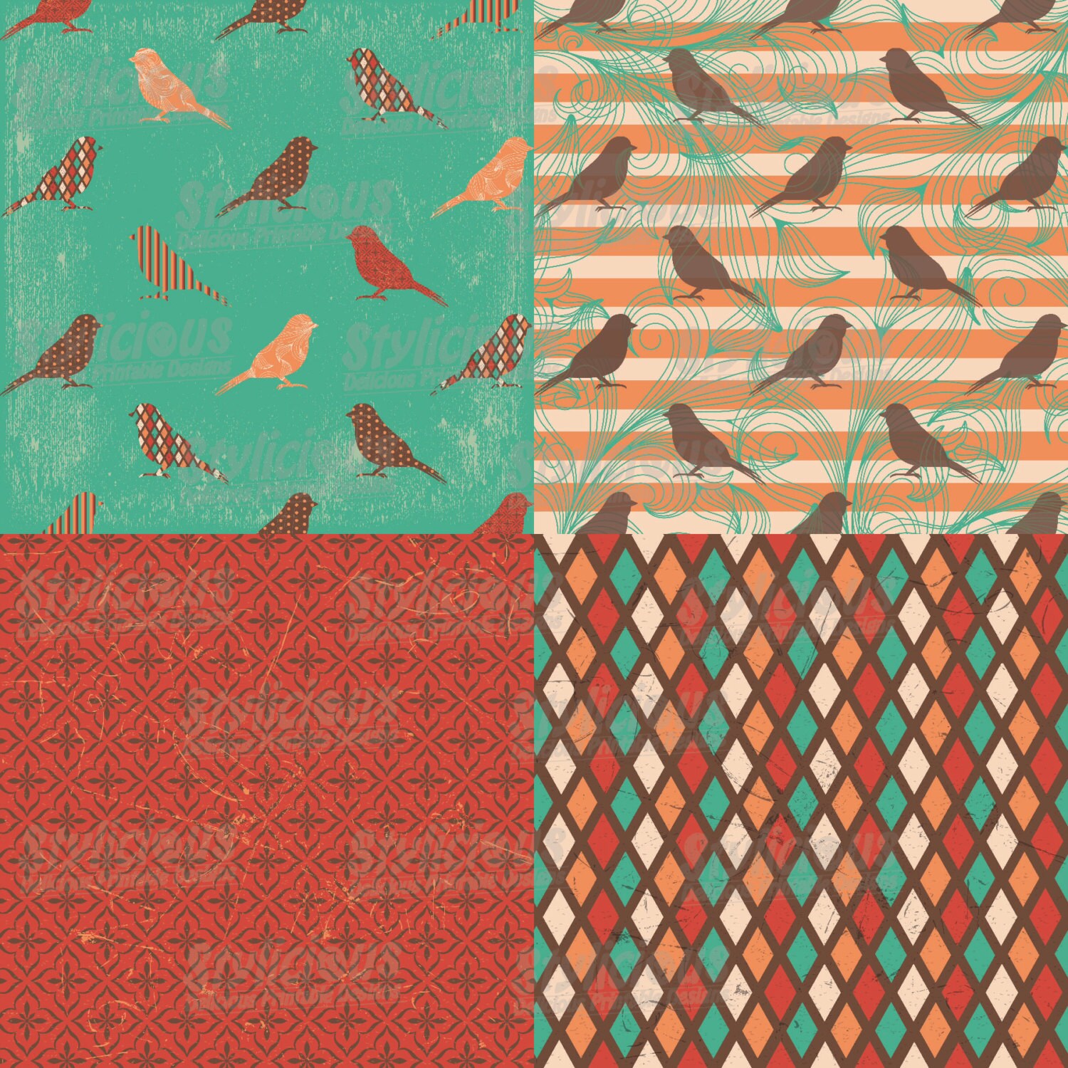 Birds and Flowers Pattern Digital Paper Pack - Floral Printable Paper ...