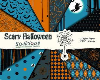 Digitalt Halloween-papper, Halloween-bakgrund, digitalt Halloween, orange, blått, svart, grått scrapbookingpapper - Direktnedladdning