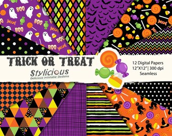 Trick or Treat digital paper, Halloween background, Halloween digital, purple, orange, green,  scrapbooking paper - Instant download