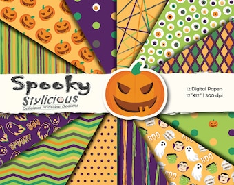 Halloween digital paper, Halloween background, Halloween digital, purple, orange, green, grey scrapbooking paper - Instant download