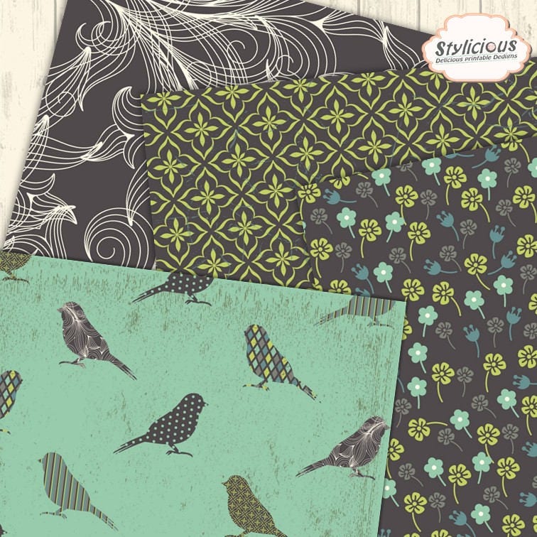 Birds and Flowers Pattern Digital Paper Pack - Floral Printable Paper ...