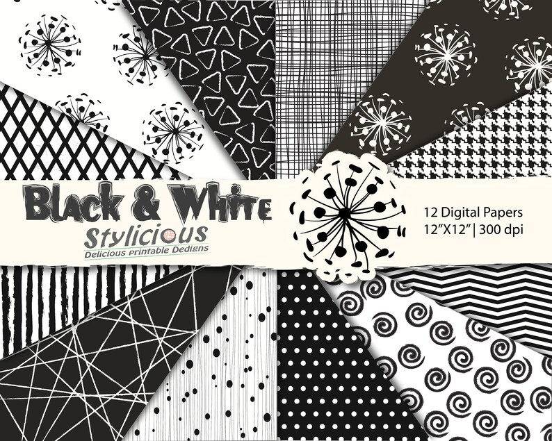 May include: Twelve black and white digital papers with various patterns, including polka dots, stripes, swirls, and geometric designs. The papers are 12 inches by 12 inches and 300 dpi.