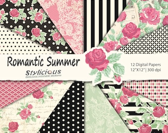 Romantische Zomer Digitaal Papier Pack - Bloem Afdrukbaar Papier - Bloemen Scrapbooking Papier - Instant Download