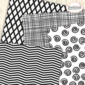 May include: A set of four digital paper patterns in black and white. The patterns include a diagonal grid, a plaid pattern, a chevron pattern, and a pattern of black swirls on a white background.