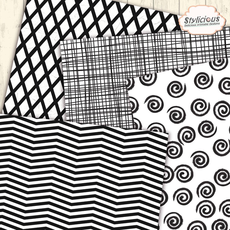 May include: A set of four digital paper patterns in black and white. The patterns include a diagonal grid, a plaid pattern, a chevron pattern, and a pattern of black swirls on a white background.