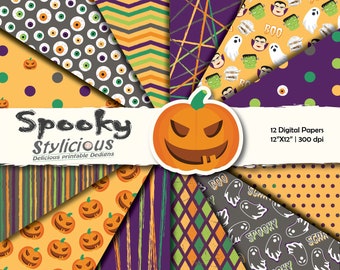 Halloween digital paper, Halloween background, Halloween digital, purple, orange, green, grey scrapbooking paper - Instant download