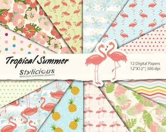 Tropical Summer Scrapbook Paper - Flamingo / Vacation / Holiday Digital Paper Pack - Summer Paper Pack - Instant Download