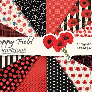 Poppy Field Digital Paper Pack -  Poppies Printable Digital Paper Pack - Summer \ Spring Floral Scrapbook Paper set -  Instant Download