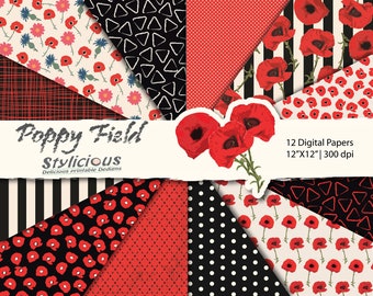 Poppy Field Digital Paper Pack -  Poppies Printable Digital Paper Pack - Summer \ Spring Floral Scrapbook Paper set -  Instant Download