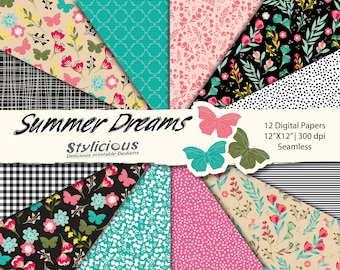 Summer Dreams Scrapbook Paper Pack - Bloesem / Bloemen / Bloemen en Vlinders Afdrukbaar Digitaal Papier Pack - naadloos - Instant Download