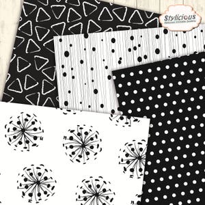 May include: Four digital paper designs in black and white. The designs include a pattern of white triangles on a black background, a pattern of black dots on a white background, a pattern of black lines and dots on a white background, and a pattern of black dandelion shapes on a white background.