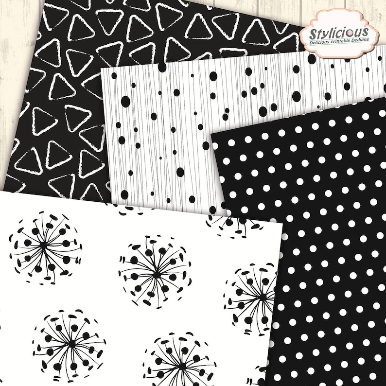 May include: Four digital paper designs in black and white. The designs include a pattern of white triangles on a black background, a pattern of black dots on a white background, a pattern of black lines and dots on a white background, and a pattern of black dandelion shapes on a white background.