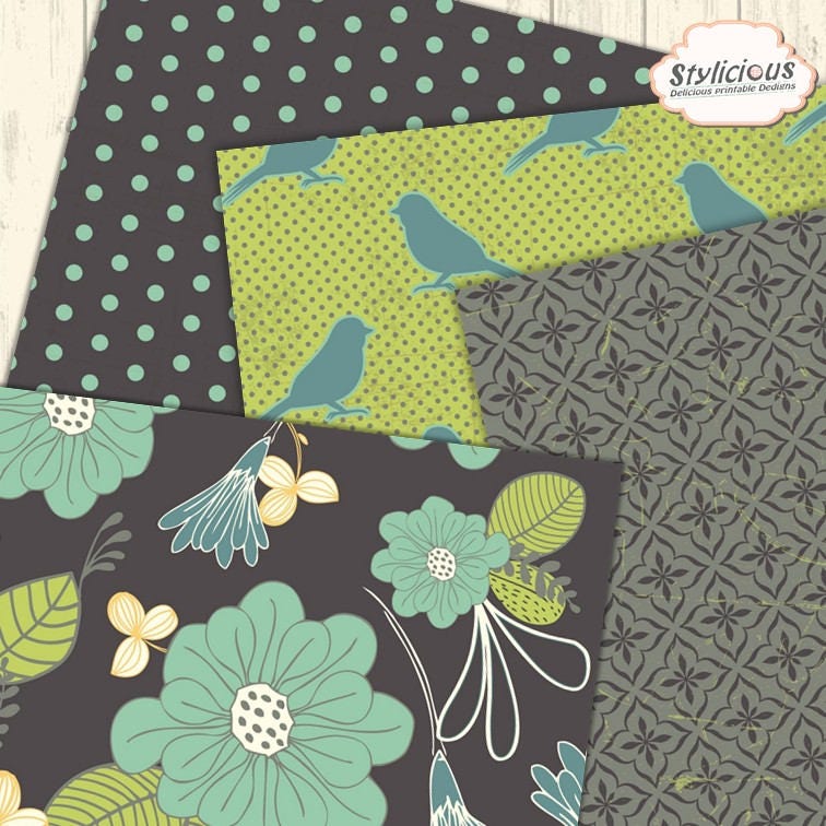 Birds and Flowers Pattern Digital Paper Pack - Floral Printable Paper ...