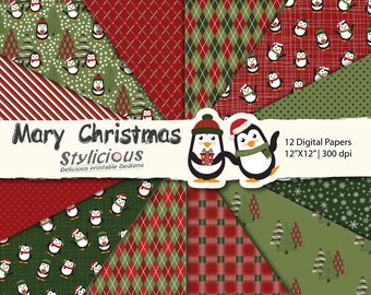 Mary Christmas Paper Pack, sfondi pinguini di Natale, carta da scrapbook digitale di Natale -Download istantaneo