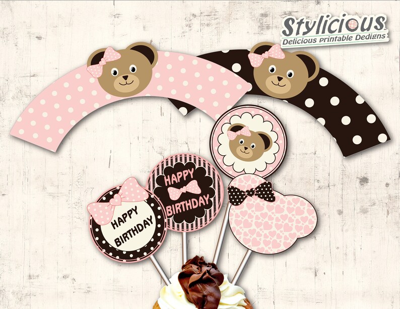 DIY Printable Cupcake Toppers and Wrappers teddy Bear Birthday Party