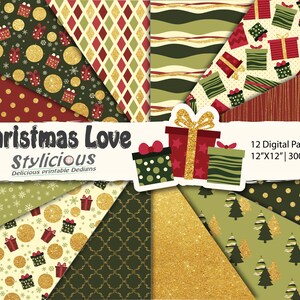 Christmas Love Paper Pack, Glitter Christmas backgrounds, Christmas Digital Scrapbook Paper, Christmas Gold, Green, Red Patterns