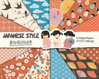 Pack de papier numérique de style japonais - Japan Patterns Printable Digital Paper Pack - 12pcs 300dpi pour usage personnel - Téléchargement instantané