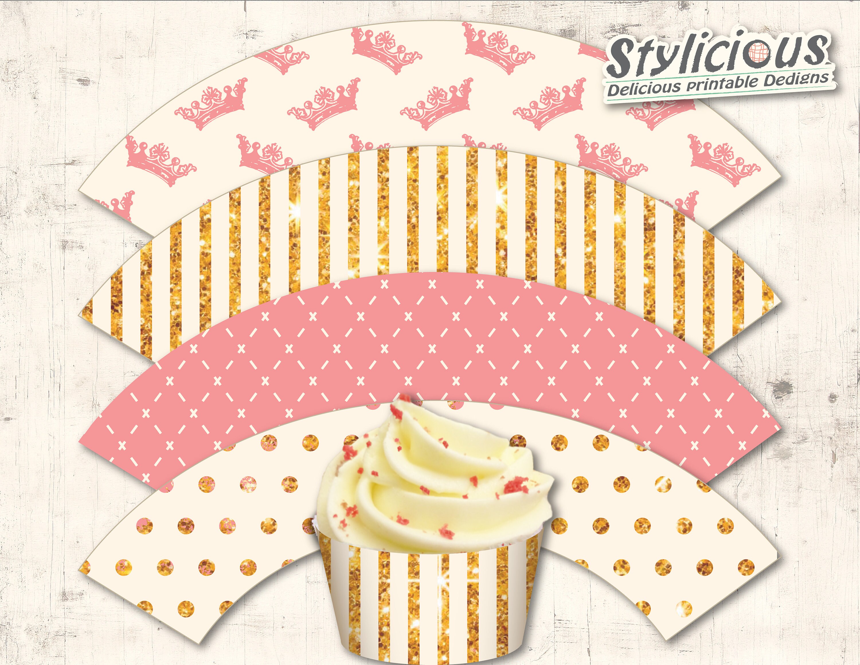 Pink and Gold Glitters Toddler Girl Birthday Baby Shower Little Princess Party Theme DIY Cupcake Wrappers Printable Instant