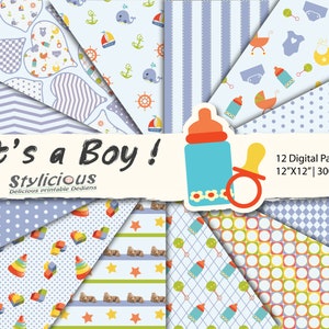Baby boy - Baby shower- Digital Paper Pack - Printable Paper -  Scrapbook Pattern Background - Digital Collage Sheets - Instant Download