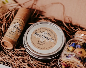 Calming Self Care Gift Box, Beeswax Lotion Bar, Natural Lip Balm, Dried Flower Keepsake