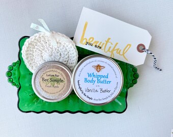 Vanilla Body Butter, Apple Lotion Bar, Vintage Glass Dish Self Care Set