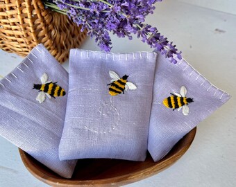 Embroidered Bee Lavender Sachet - Aromatherapy Drawer Freshener, Handmade Aunt Gift