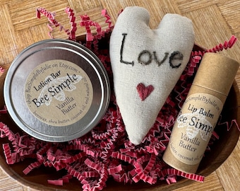 Natural Beeswax Self Care Gift Box: Embroidered Linen Heart Skincare Set