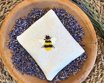 Hand Embroidered Bee Lavender Sachets - Natural Dried Herb Gift for Closet Drawers