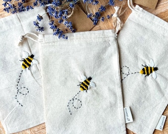 Hand-Embroidered Bee Gift Bag, Organic Cotton Drawstring 5x7 Reusable Eco-Friendly Pouch
