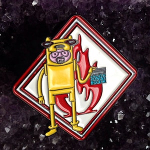 May include: A yellow cartoon character with a pink face and a beard, wearing a red and white warning sign, holding a bag of blue and white pills. The character is standing in front of a red flame.