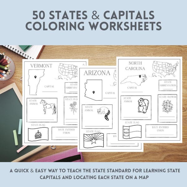 50 States and Capitals Coloring Worksheets
