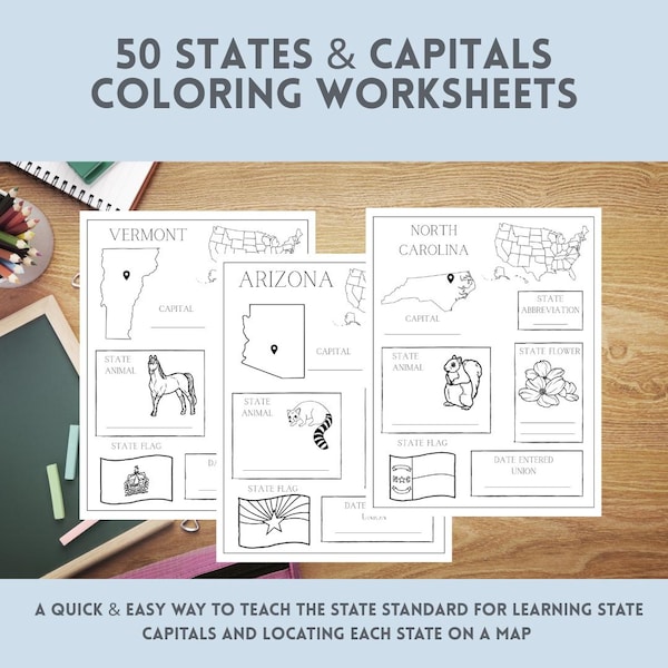 50 States and Capitals Coloring Worksheets