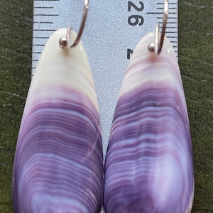 May include: A pair of dangle earrings featuring a purple and white shell with a silver hook.