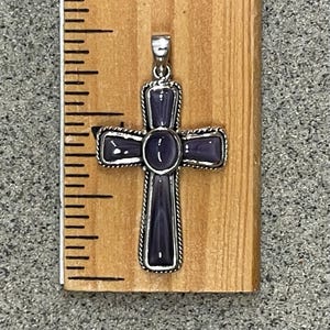 P1079 Medium Cross 1.25”x.75” pendant wampum quahog shell sterling silver.